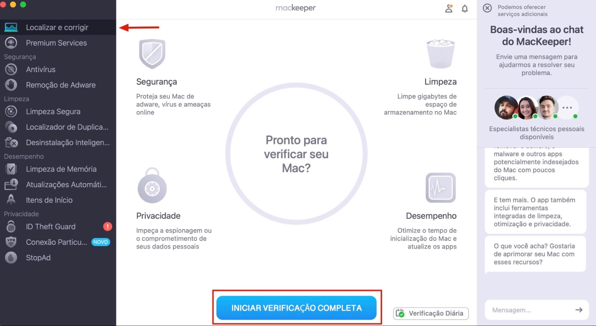 Abra o MacKeeper e selecione Localizar e Corrigir. Depois, clique em Iniciar Verificação Completa para começar a procurar problemas no seu dispositivo.