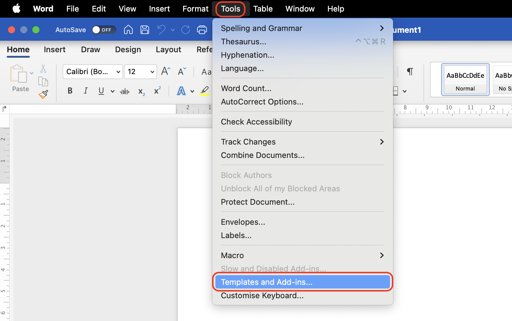 Open Microsoft Word, go to the top menu, choose Tools, then select Templates and Add-ins to manage or disable installed extensions.