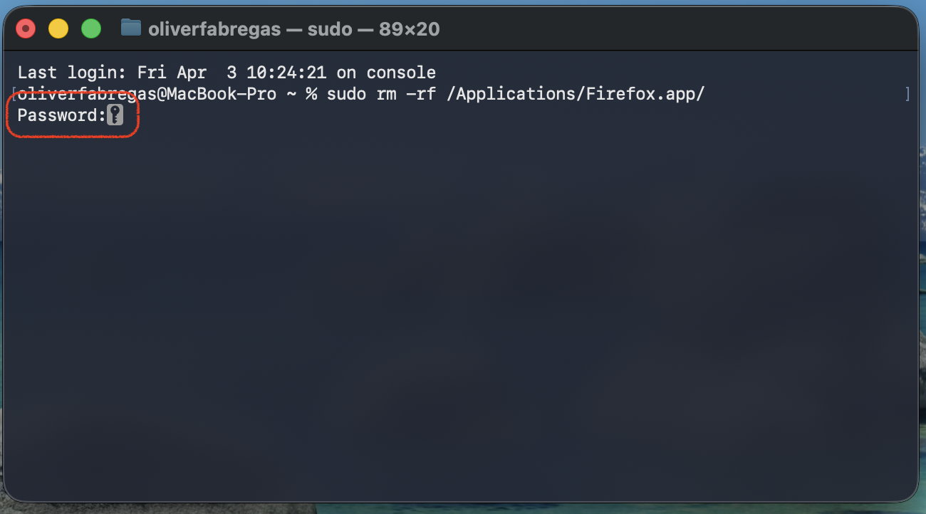Now, to confirm the uninstallation of Firefox on your MacBook, enter your administrator password when prompted. Press Return after it.