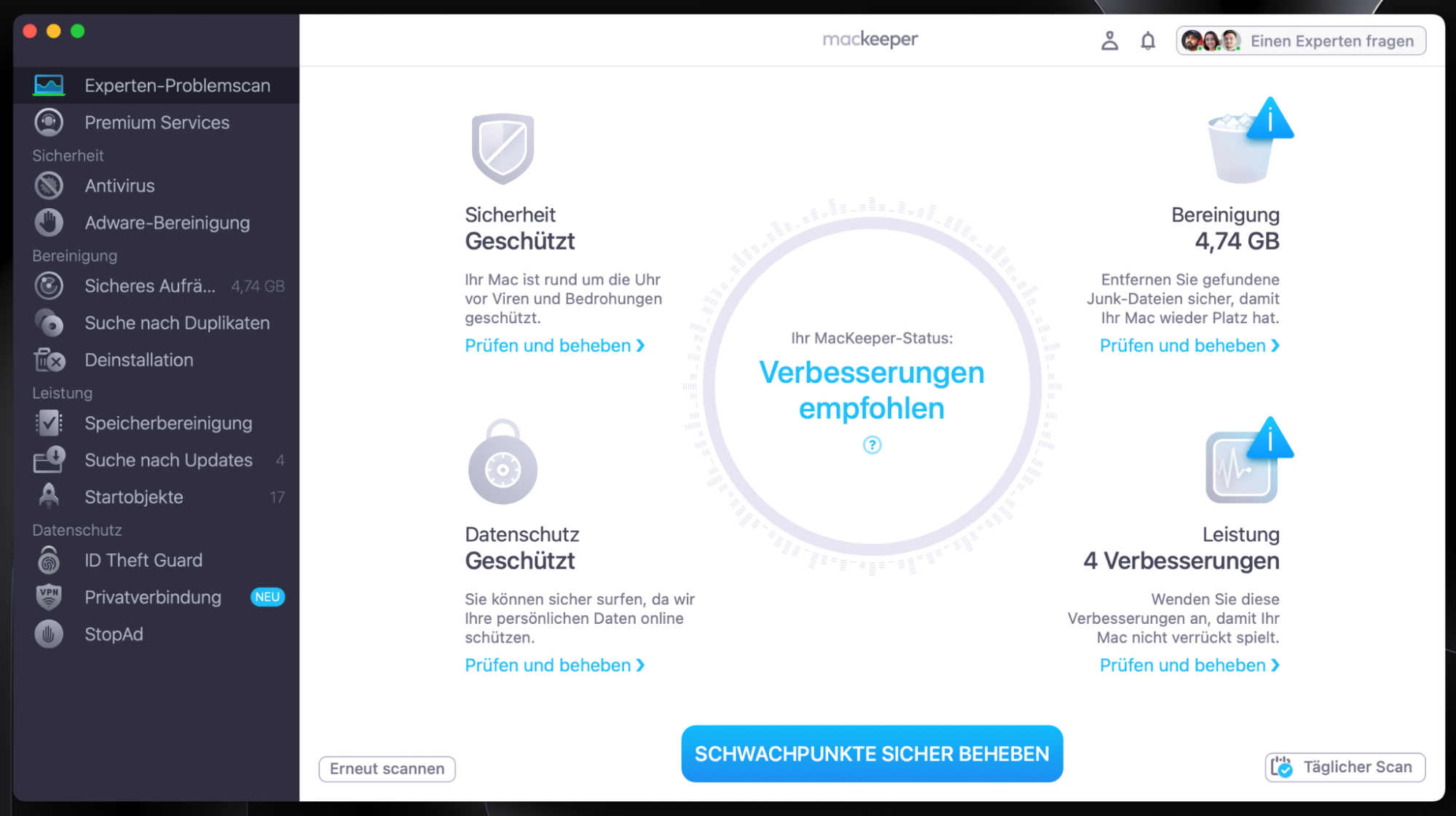 Eine einfachere Möglichkeit, versteckte Desktop-Symbole auf einem Mac wiederherzustellen, ist die Verwendung des Expertenproblemscans von MacKeeper. Wenn der Scan abgeschlossen ist, klicken Sie im Hauptfenster auf Schwachpunkte sicher beheben und genießen Sie einen optimierten Mac.