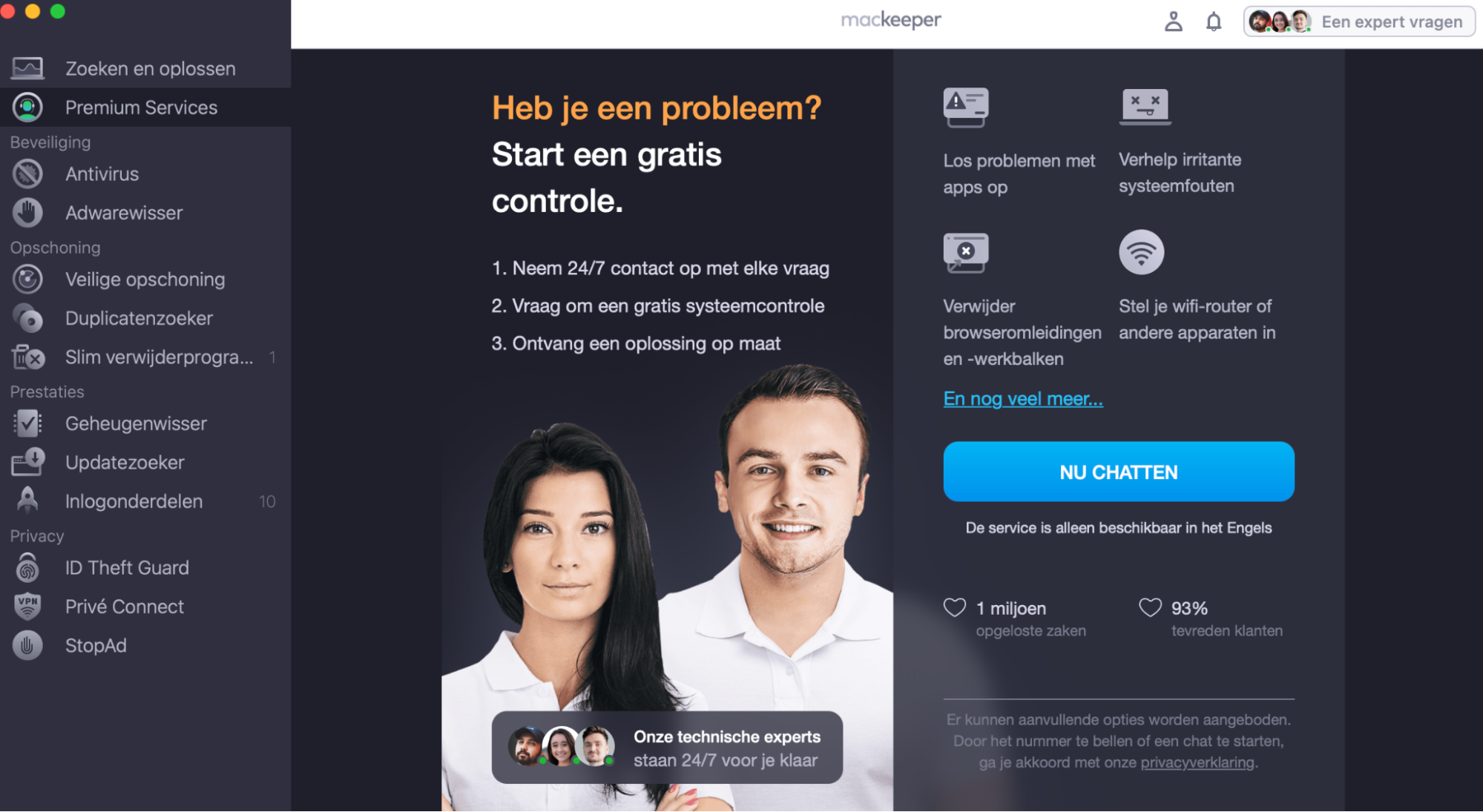 Om de Premium Service-functie van MacKeeper te gebruiken voor het oplossen van problemen met de Apple-muis en andere ondersteuning, download, installeer en open je onze app. Kies vervolgens links voor Premium Service en klik rechts op 'Nu Chatten' om onze begeleiding te ontvangen.