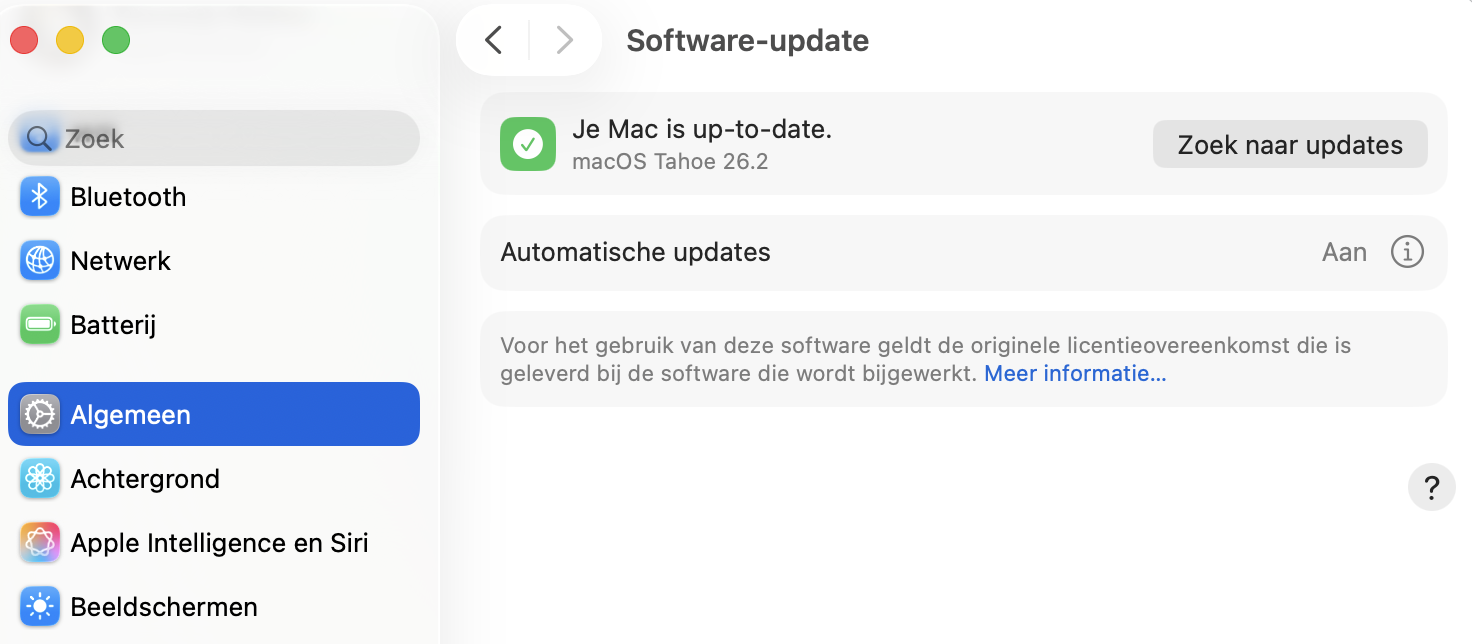 In het venster Software-update op je Mac controleer je of er macOS-updates beschikbaar zijn en ga je verder met Werk nu bij als die er zijn.