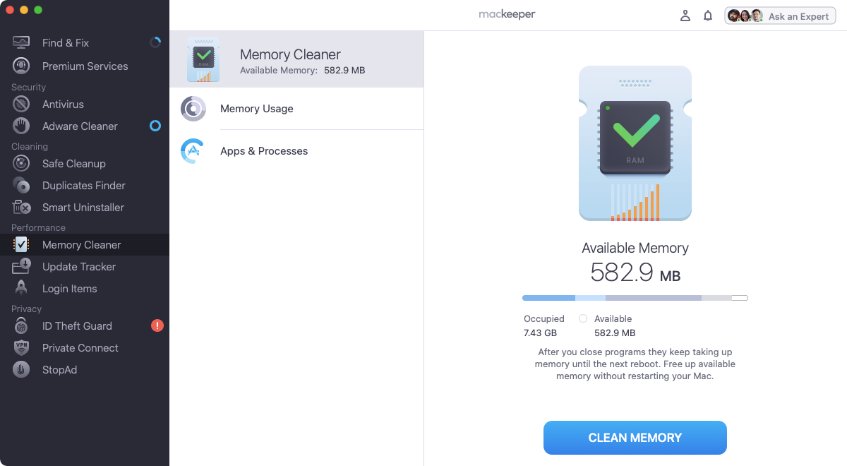 The Memory Cleaner tool is opened and lauched in MacKeeper as one of the cleaning functions that are available within the app. You can see its result shown to the user, with the indication of occupied and available memory on the device. The Memory Cleaner tool is opened and lauched in MacKeeper as one of the cleaning functions that are available within the app. You can see its result shown to the user, with the indication of occupied and available memory on the device.
