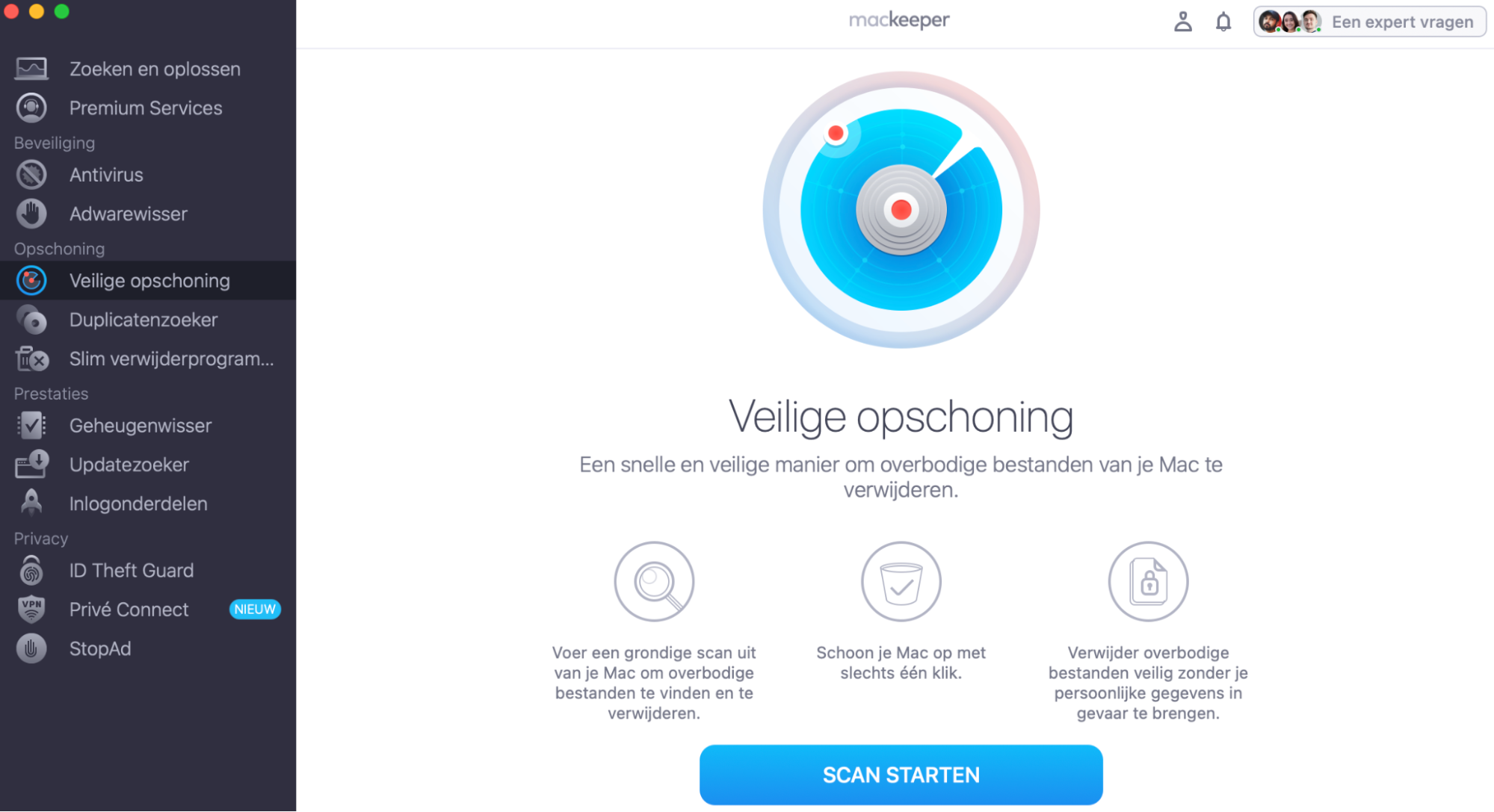 Open MacKeeper, selecteer vervolgens Veilige opschoning in de zijbalk. Klik daarna op Scan starten en wacht tot de tool het scanproces heeft voltooid.