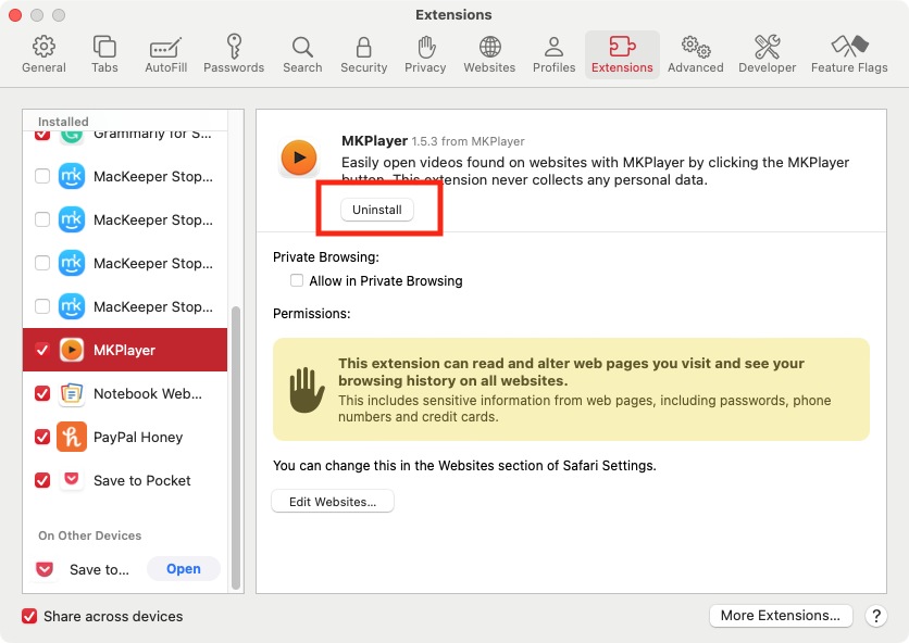 In Safari's settings, you can browse through installed extensions and then remove them. Look for anything that might be malware.