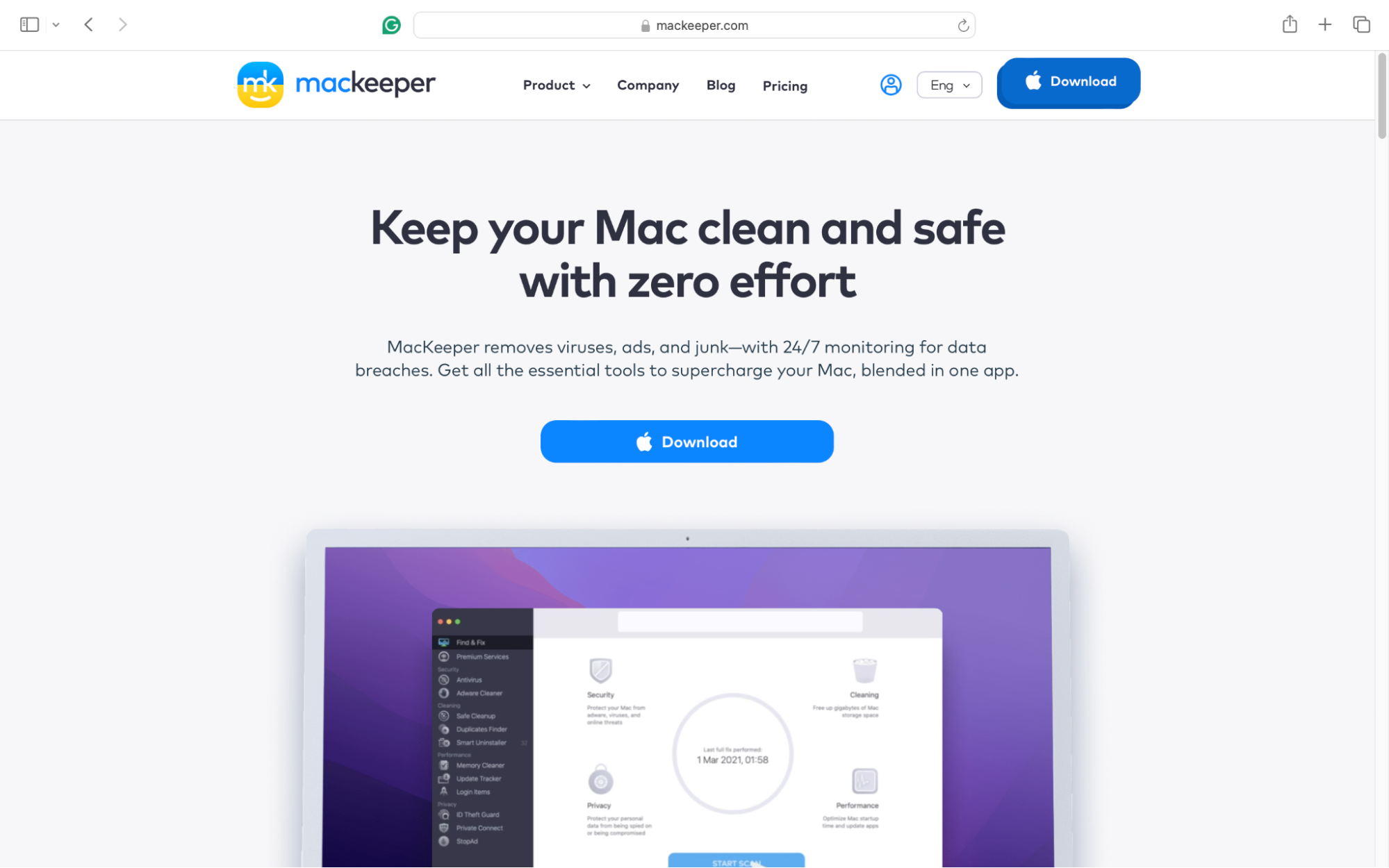 On MacKeeper's official website, you'll see a blue download button, click on it and allow the App to download in the background. Once downloaded click on it to install on to your Mac.