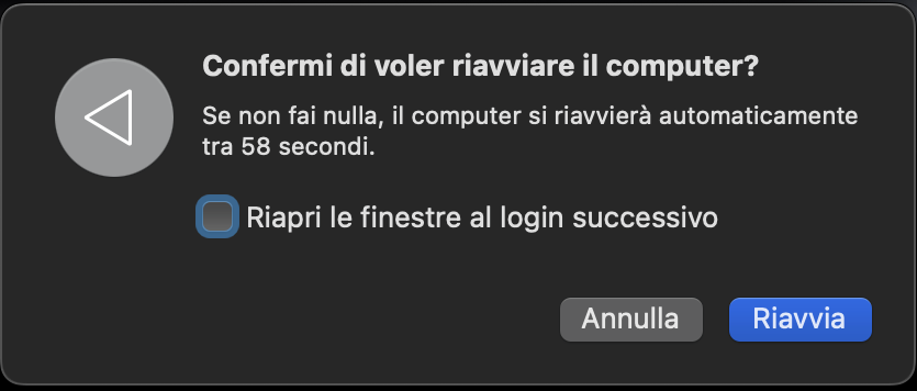 Richiesta di conferma del riavvio su Mac. Prova a riavviare il computer ogni volta che un'unità esterna non viene riconosciuta in macOS.