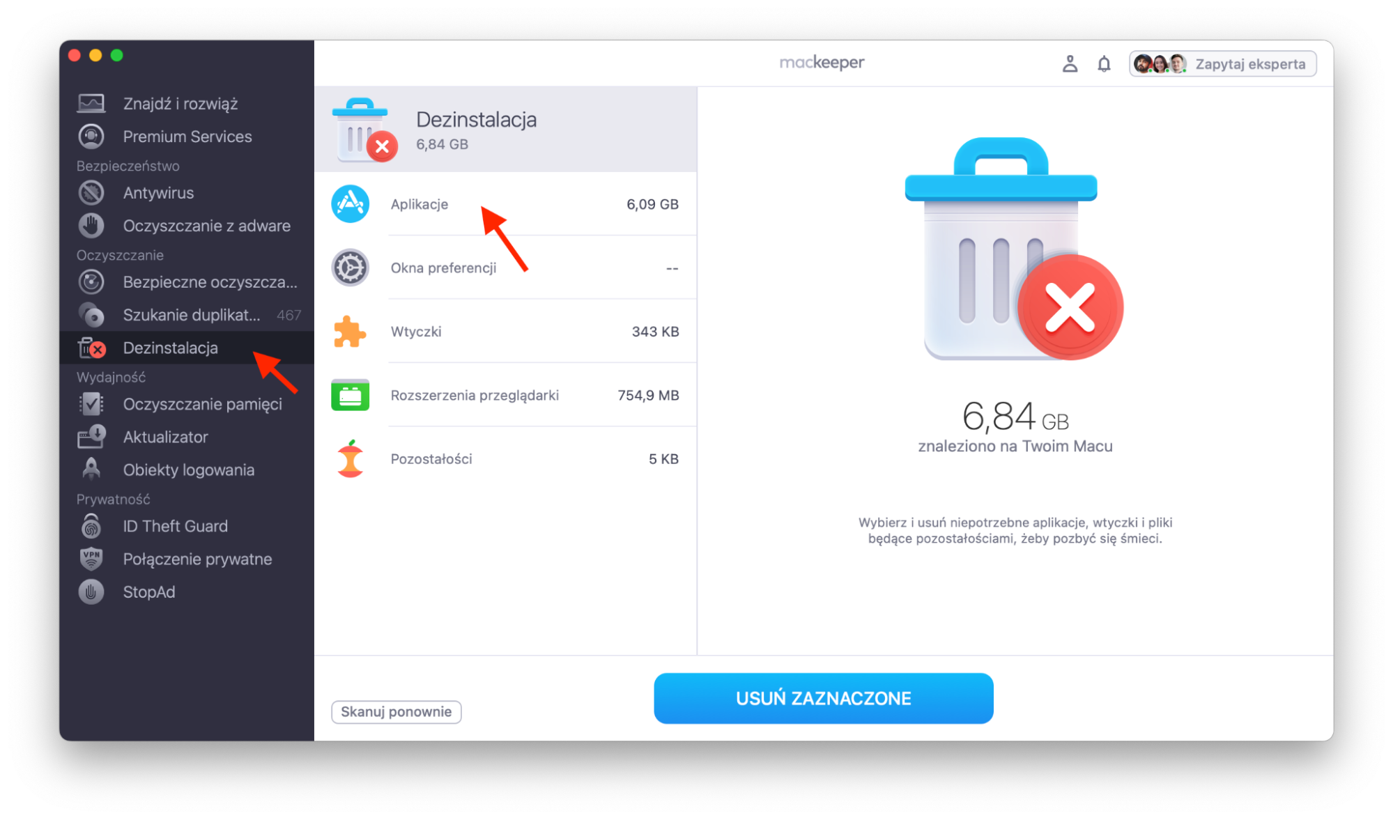 MacKeeper na Macu pokazuje narzędzie Dezinstalacja. Kliknij Aplikacje, aby zobaczyć listę wszystkich aplikacji, które możesz usunąć z Maca.