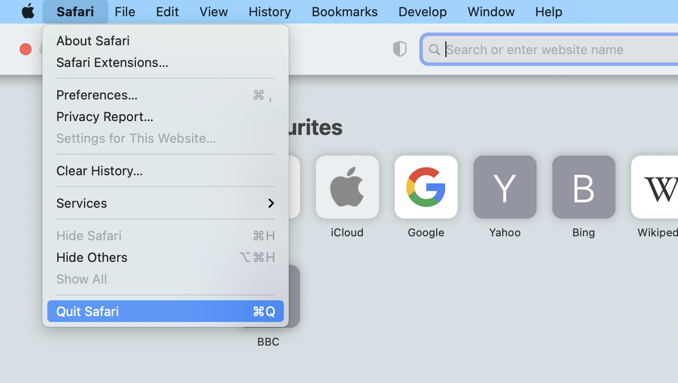 Safari on Mac, with the menu open and Quit Safari highlighted. Part of instructions on how to restore Safari bookmarks on a Mac.