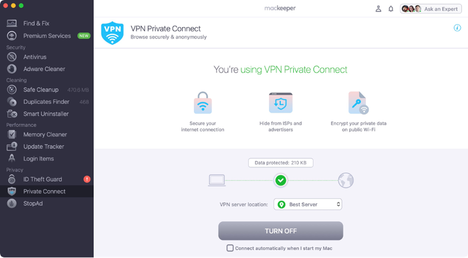 When MacKeeper’s Private Connect is connected, your Mac will be protected when browsing online.