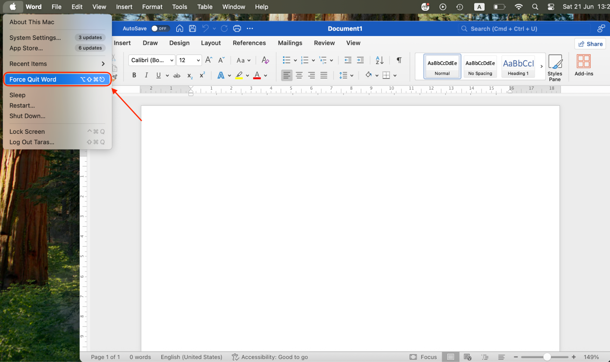 Select Force Quit from the dropdown menu to open a window where you can close unresponsive applications like Microsoft Word.