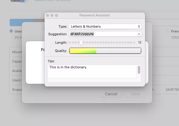 Letting macOS choose folder password in macOS Disk Utility.