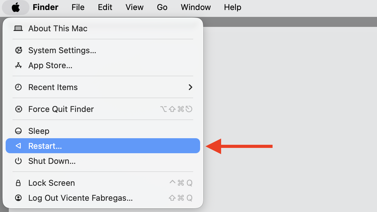 The Apple menu open on macOS with Restart highlighted, the first step to reopen OneDrive when it is damaged and can't be opened on Mac.