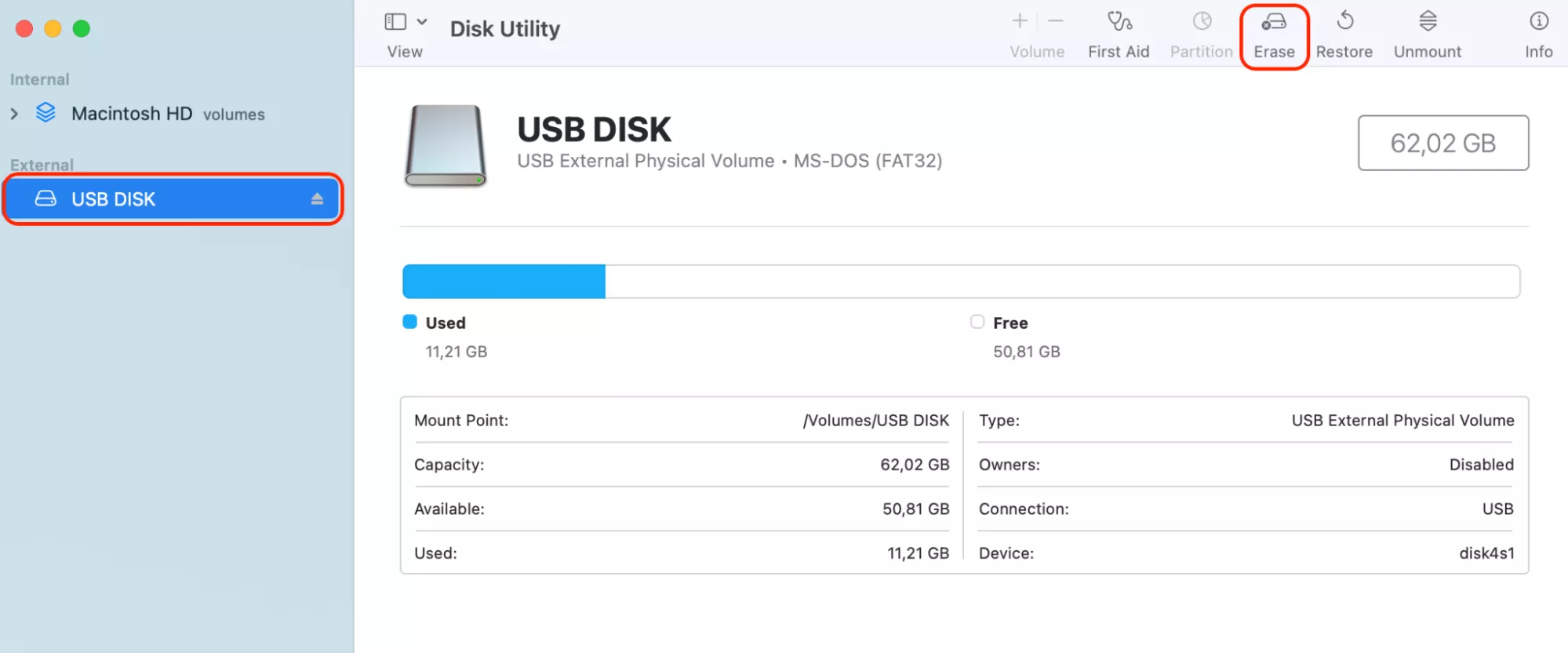 When you see the USB DISK window, make sure to select the USB DISK on the left of the screen and then run the Erase function on the right—see the red highlights
