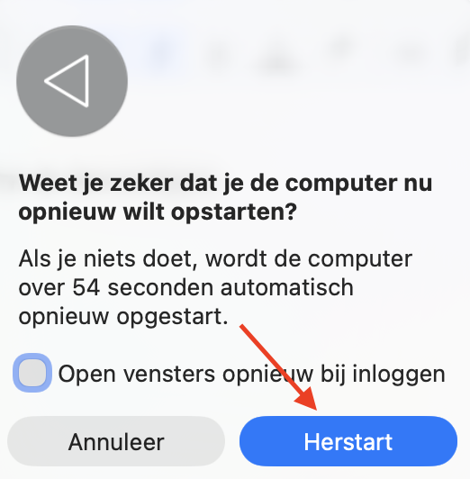 macOS toont het herstartvenster. Klik op ‘Herstart’ om door te gaan met het opnieuw opstarten van je Mac.