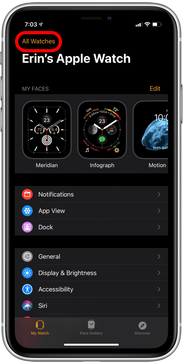 Open the Watch app on your iPhone, then tap All Watches in the upper-left corner to view and manage all your paired Apple Watch devices.