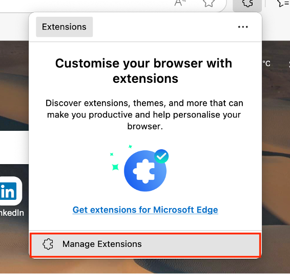 To remove the Grammarly extension on a Mac, click Manage Extensions from Edge.