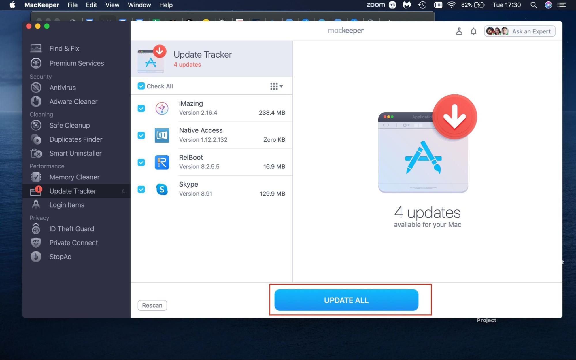 Si Zoom en tu Mac requiere una actualización, ésta aparecerá cuando finalice el escaneo. Selecciona Actualizar todo. Si Zoom en tu Mac requiere una actualización, ésta aparecerá cuando finalice el escaneo. Selecciona Actualizar todo.