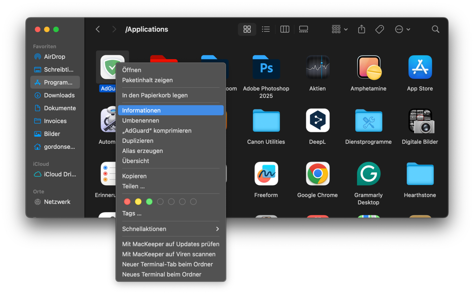 Nachdem Sie die problematische App ausgewählt haben, klicken Sie auf Informationen, um eine Anwendung mit Rosetta auf einem Mac zu öffnen.