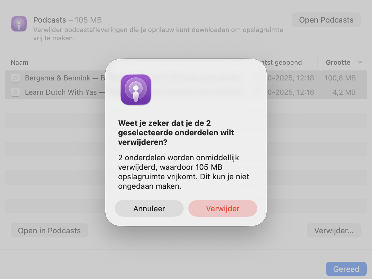 Opslaginstellingen in macOS met de infoknop naast Documenten gemarkeerd om grote bestanden te bekijken.