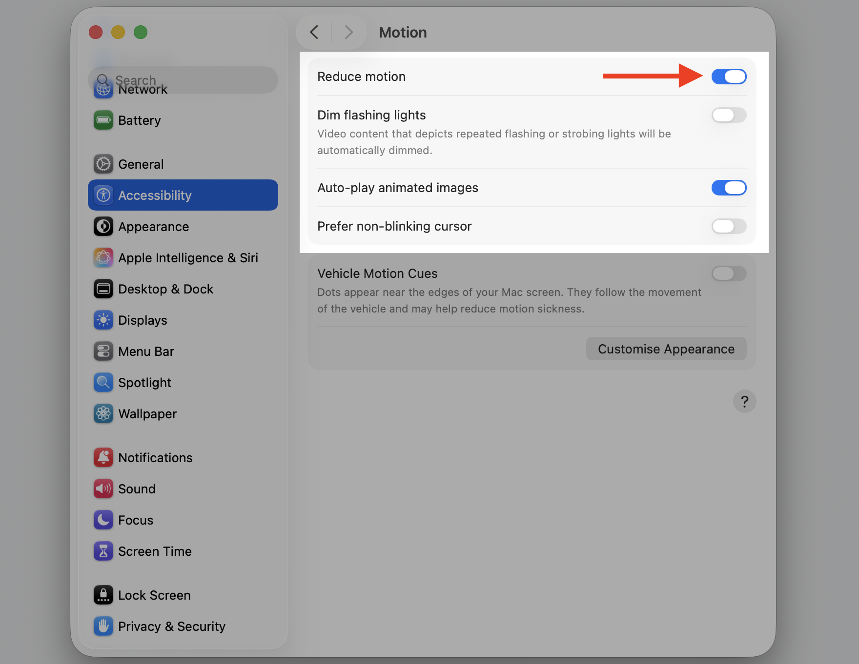 Motion settings on an Apple computer with Reduce motion toggled on to lighten macOS Tahoe effects that slow file save dialogs.