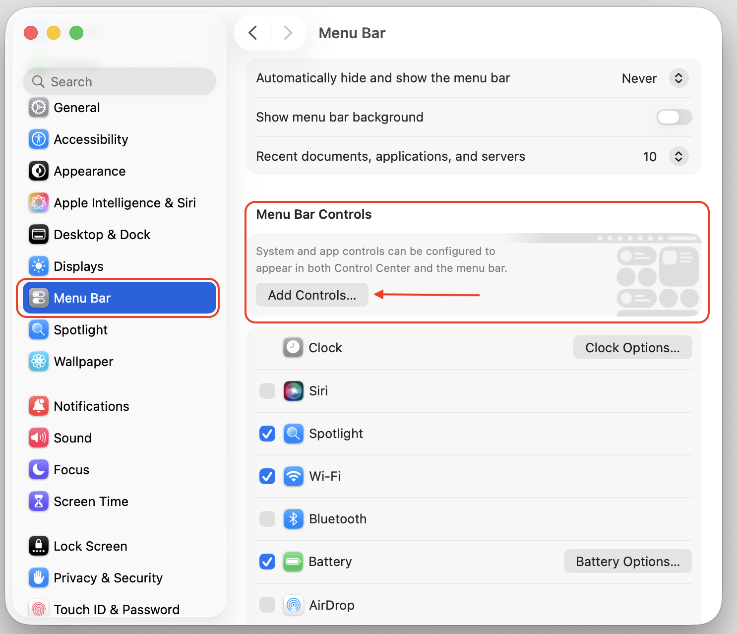 In the same Menu Bar section, select Menu Bar Controls. Then, find and press the Add Controls option on your MacBook.