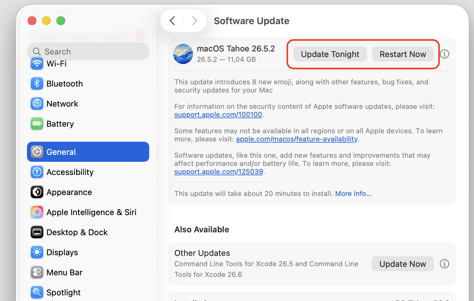 Software Update pane on macOS Tahoe 26 showing Update Tonight and Restart Now buttons to install the latest version and calm sentineld CPU use.