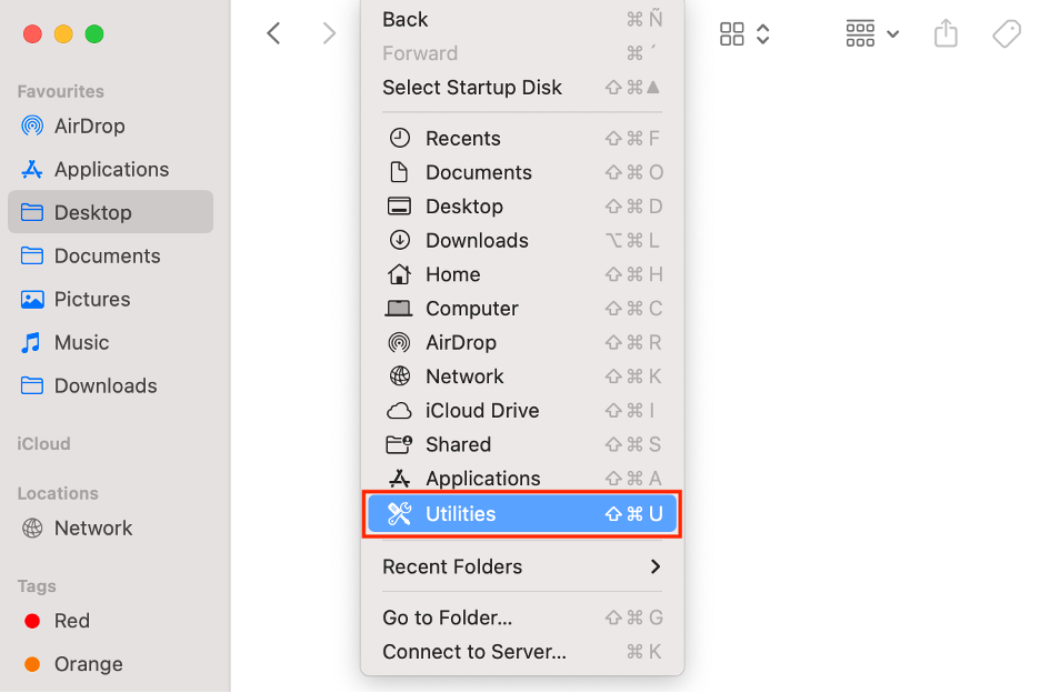 To open the Utilities folder via the menu bar, launch Finder, select the Go menu, then choose Utilities.