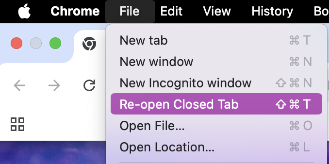 Similar to Safari, in Chrome, you can also use the Command, Shift + T shortcut to undo actions. You can also go to Edit > Re-open Closed Tabs.