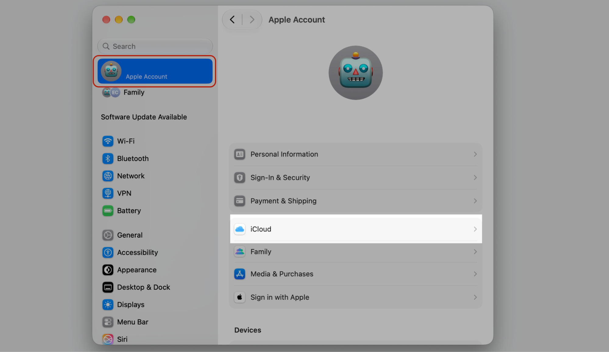 macOS System Settings on an Apple computer, clicking your name at the top left, then choosing iCloud to reach Keychain password syncing.