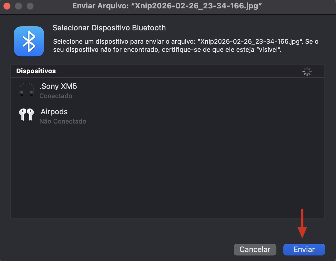 O Intercâmbio de Arquivos Bluetooth no Mac mostrando a tela de envio. Selecione seu novo Mac e clique em Enviar para transferir arquivos de um Mac para outro via Compartilhamento Bluetooth.