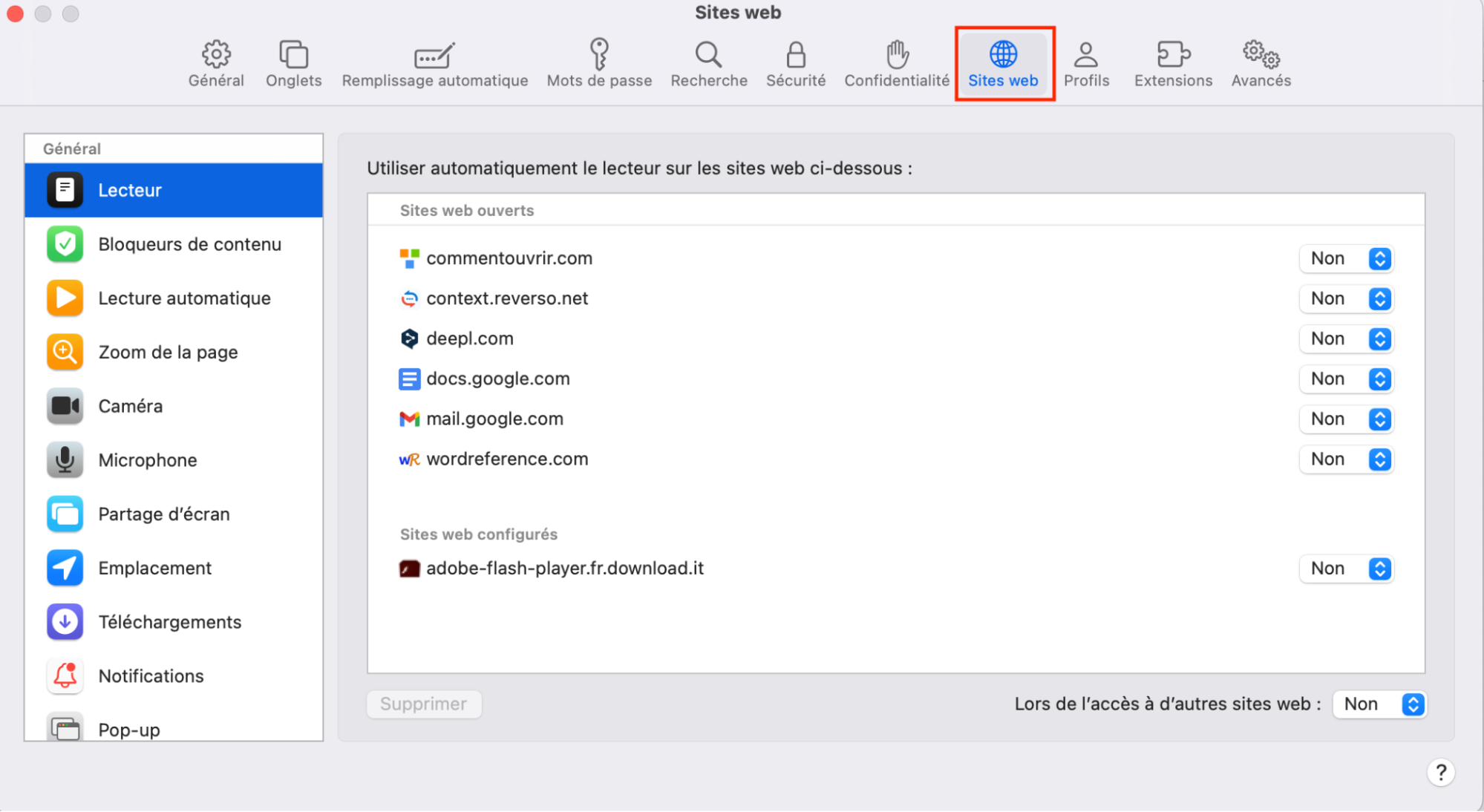 Une fois que vous aurez ouvert Réglages, vous pourrez cliquer sur l’onglet Sites web, où vous trouverez une liste des modules externes disponibles, y compris Flash Player si la version de Safari que vous utilisez peut le prendre en charge.