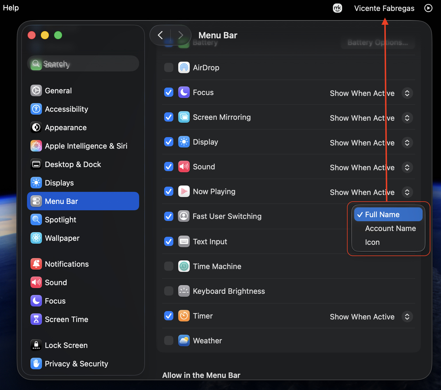 Fast User Switching dropdown in macOS Sonoma System Settings on an Apple computer, where you choose Full Name, Account Name, or Icon for the menu bar.
