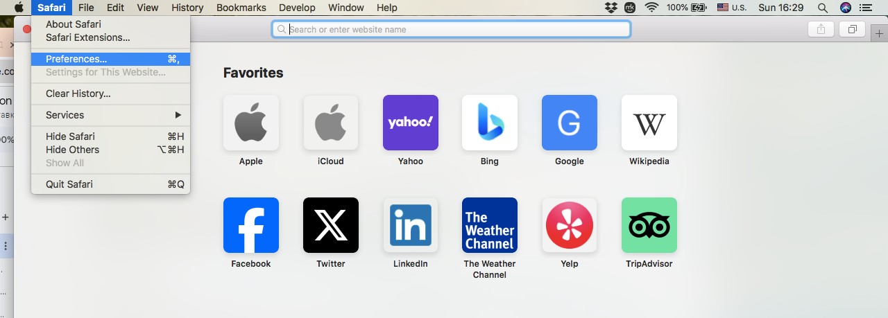 To change the default zoom level in Safari, first Open Safari browser, then click the Safari icon in the top menu bar, and choose Preferences from the pop-down menu.