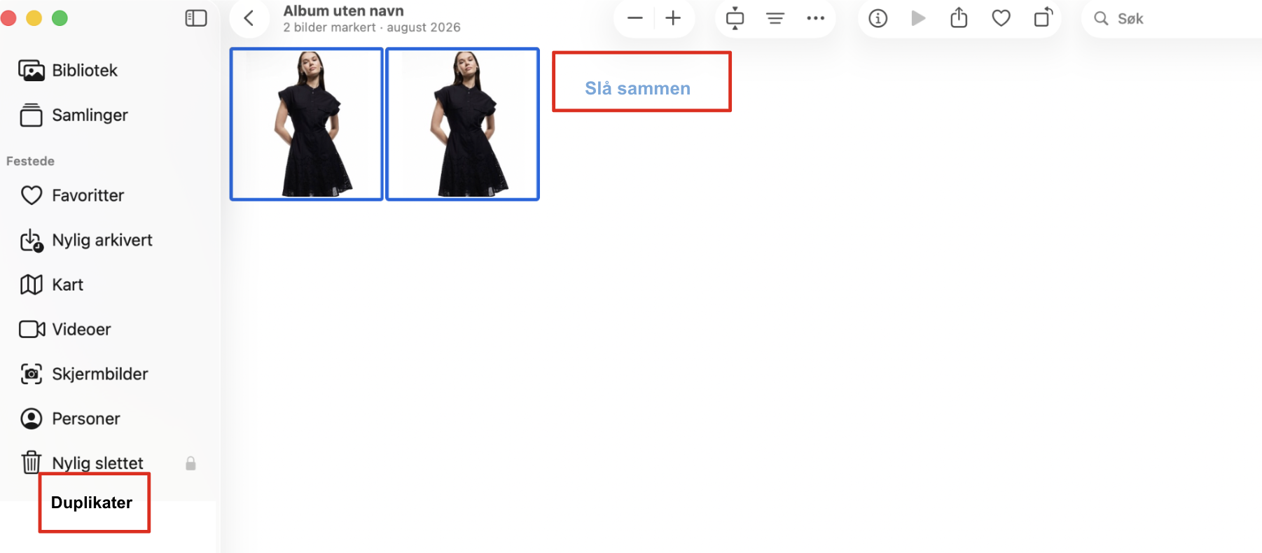 Merk bildene, så kan Bilder-appen slå dem sammen til ett. Bare klikk på knappen «Slå sammen» for å fortsette.