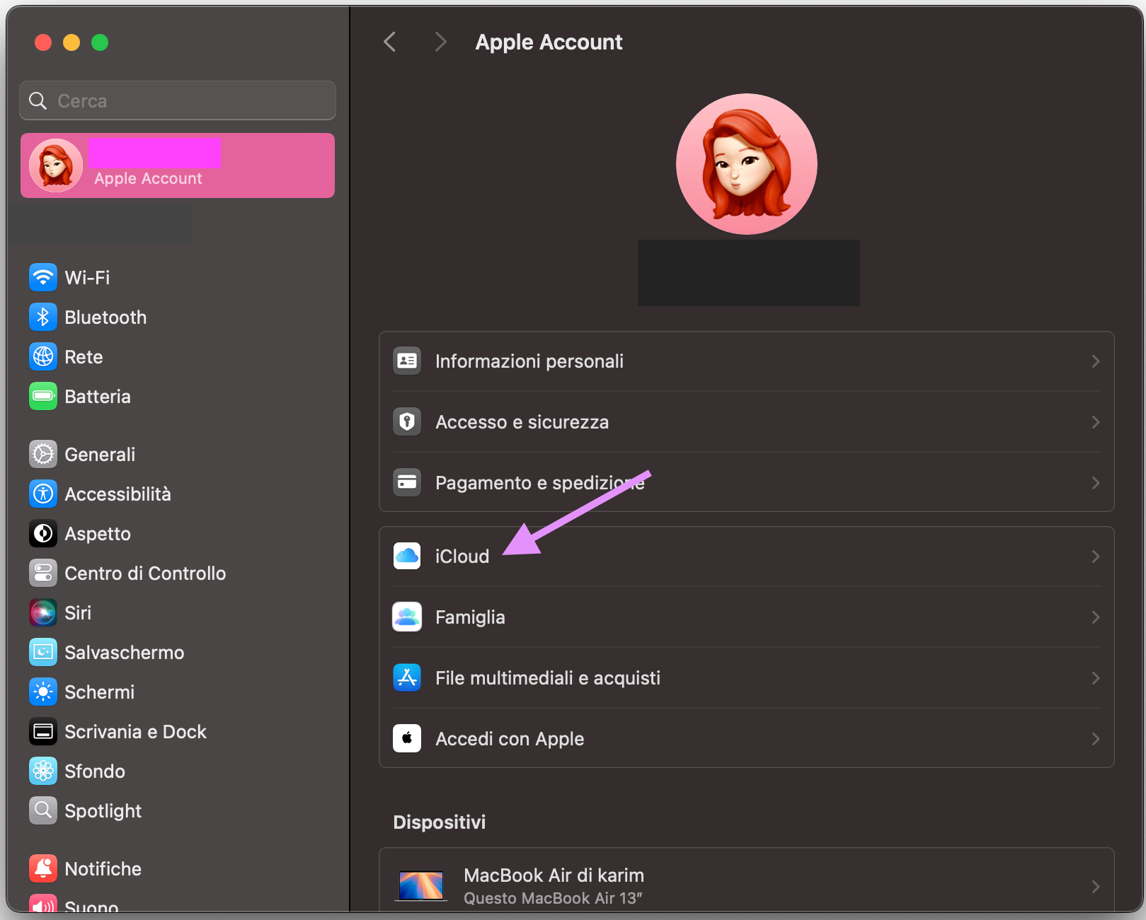 Impostazioni di Sistema su Mac mostra il menu ID Apple. Per spostare file da un Mac all’altro con lo spazio di archiviazione iCloud, fai clic su iCloud.