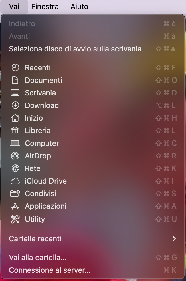 Menu del Finder nella schermata Home del Mac: è selezionata la voce Vai e si vede il relativo menu a discesa.
