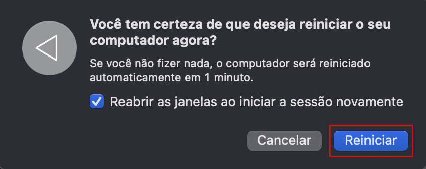 A mensagem pop-up de Reiniciar que solicita ao usuário confirmar o processo de reinicialização do seu dispositivo Apple. Clique no botão Reiniciar