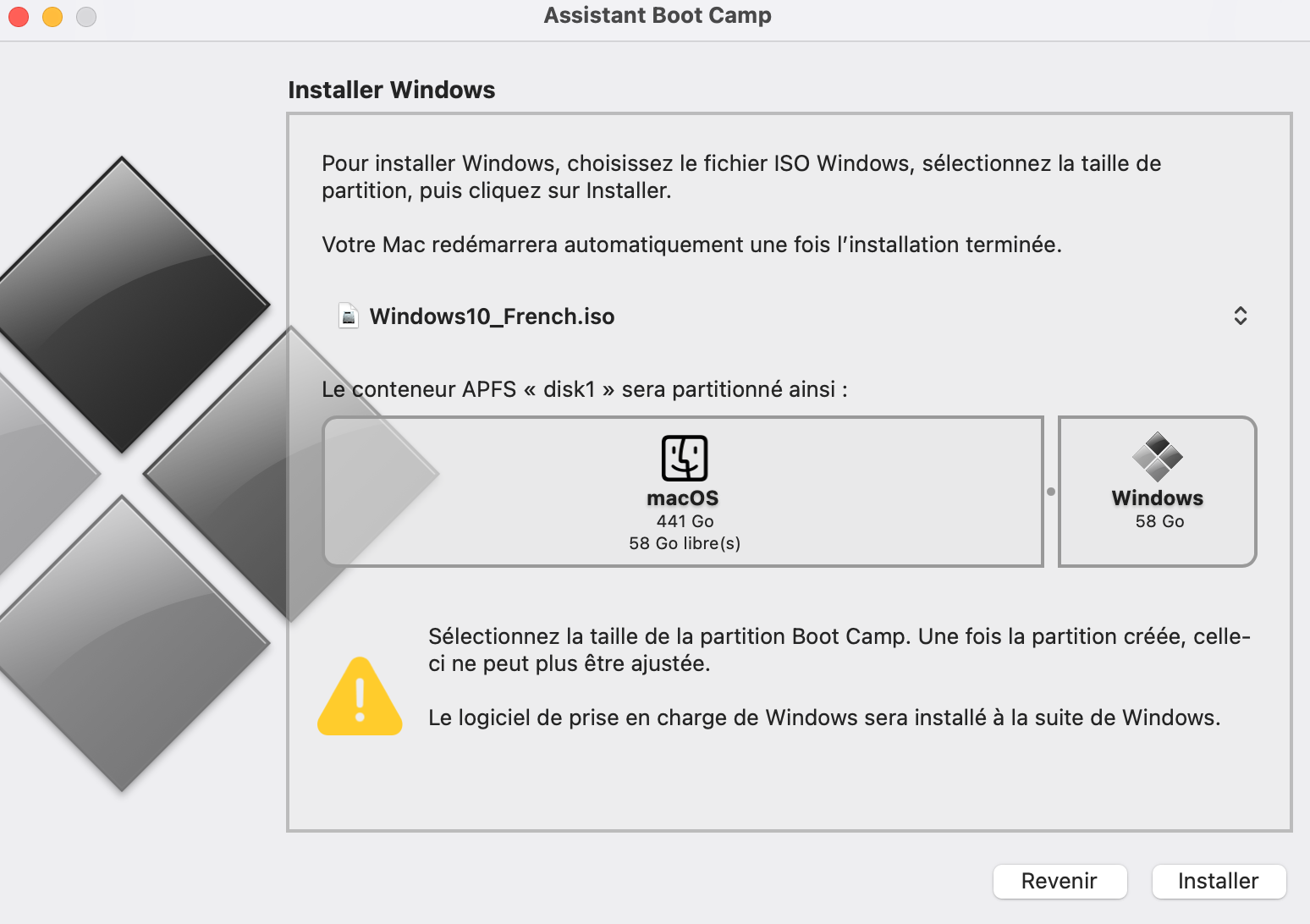 Choisissez combien d’espace attribuer à Windows sur votre Mac. Il faut généralement une quantité considérable d’espace disque.