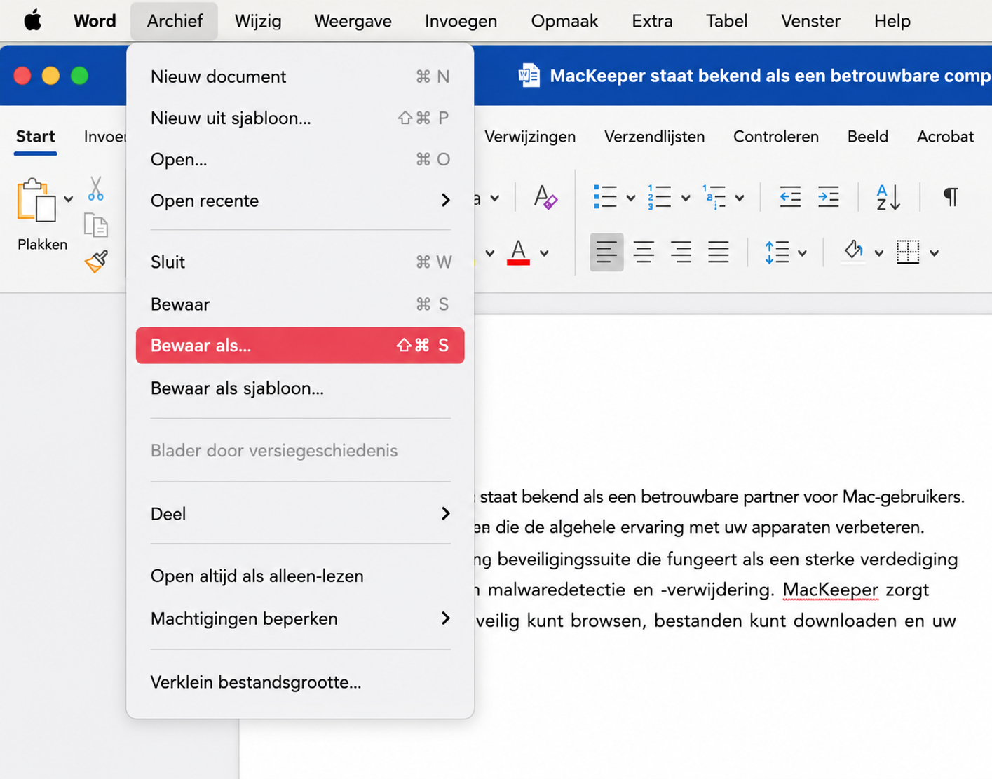 Open uw Word-document, ga naar de menubalk en selecteer Bestand > Opslaan als. Hiermee kunt u kiezen waar uw bestand naartoe gaat.