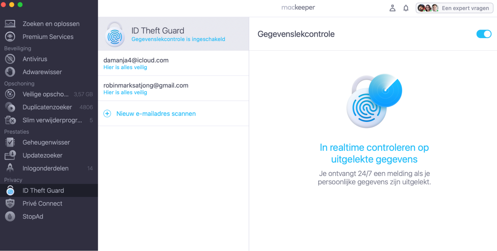 Gebruik MacKeeper’s ID Theft Guard voor nog meer gegevensbescherming — ditmaal voor je e-mails. Kies deze functie in de app aan de linkerkant, voeg het e-mailadres toe met de knop + en activeer de Gegevenslek Monitor.