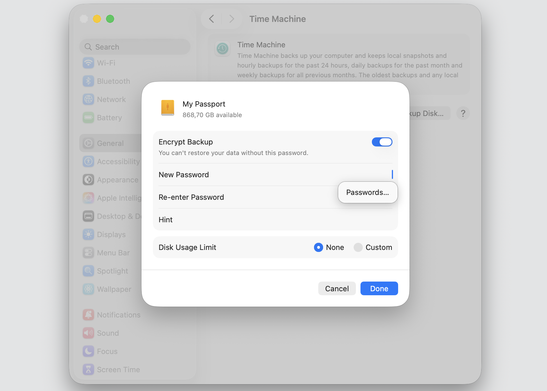 Time Machine encryption dialog on a Ventura MacBook with password and Disk Usage Limit options, ending at the Done button.