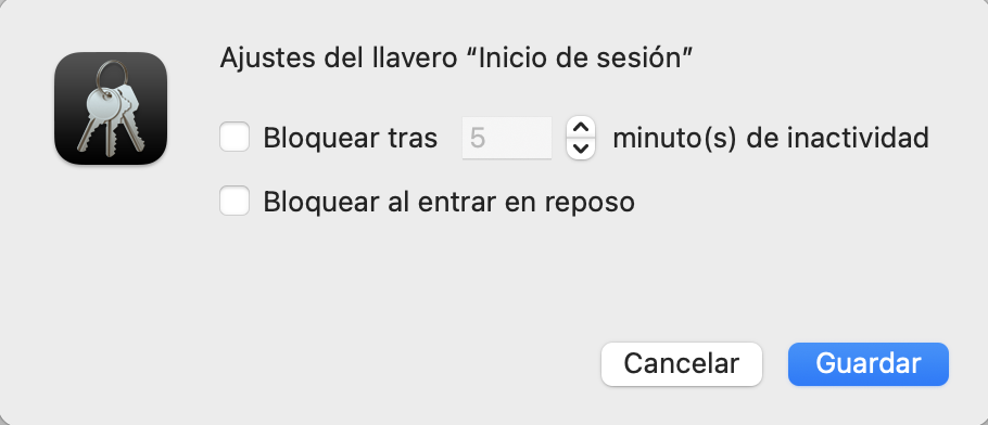 Ajustes de Llaveros en la aplicación Acceso a Llaveros. Ambas opciones están desmarcadas. Cómo arreglar Servicio de Cuentas quiere usar el llavero de acceso.