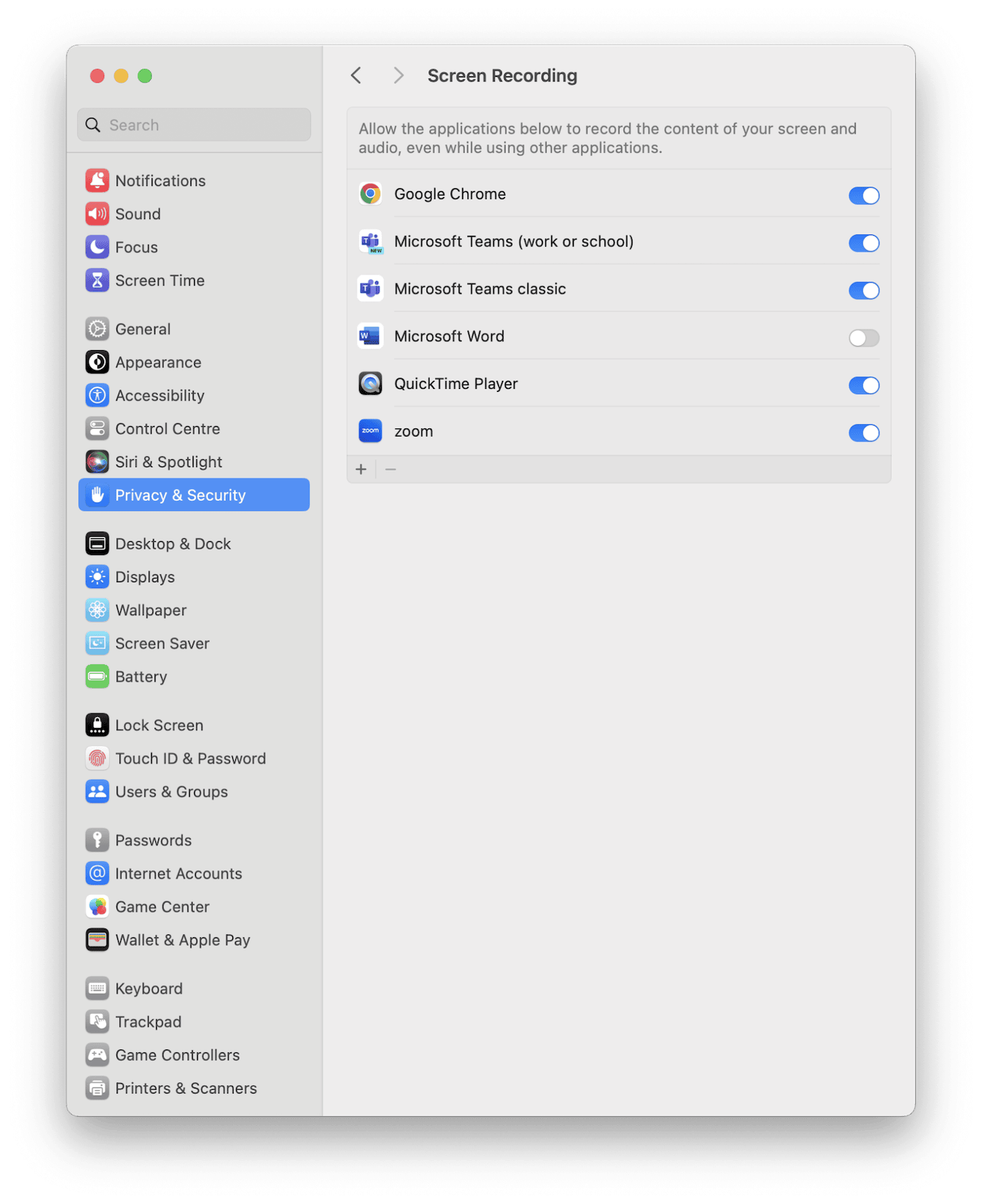 To remove permissions from Chrome on your Apple laptop, open your Apple menu, then choose System Settings, select Privacy and Security option, where find Screen Recordings, and disable Google Chrome to make sure it can’t capture your screen.