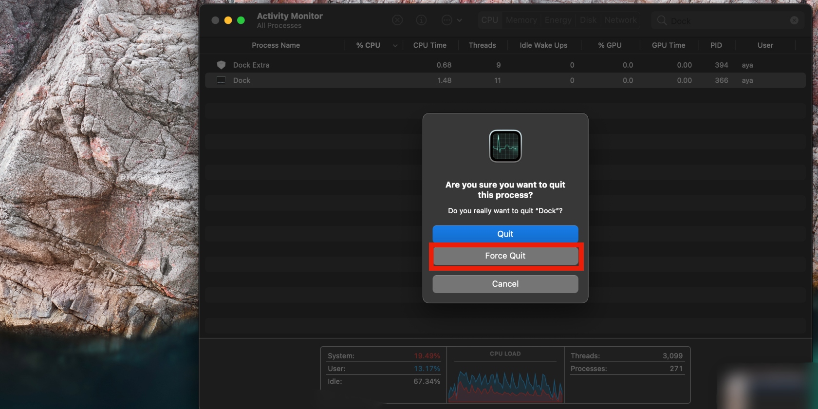 The Dock process is selected in Mac's Activity Monitor app and the quitting options are shown in a pop-window on the screen with force quite outlined in red