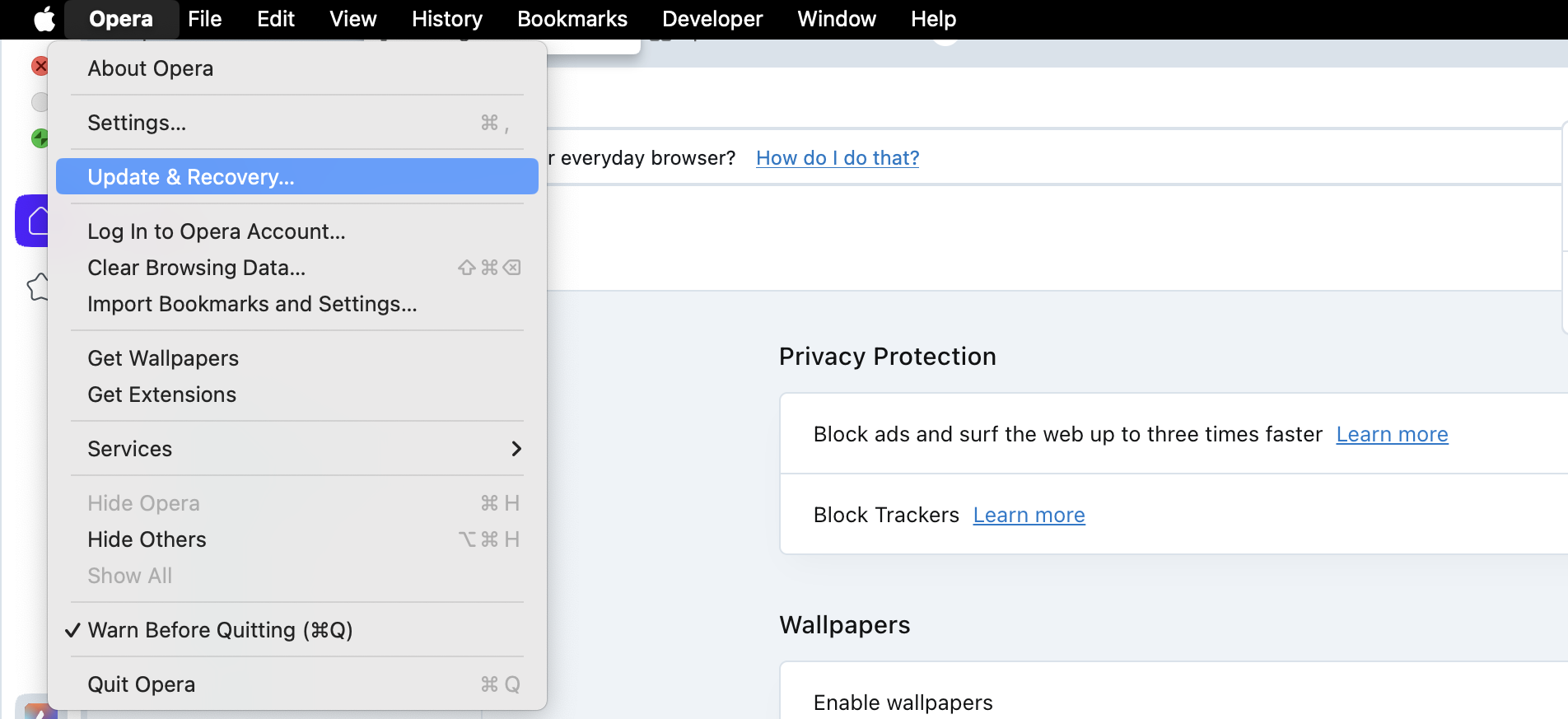 Opera for Mac, with Opera’s menu open, Update & Recovery highlighted. How to reset Opera, as part of a guide on how to stop fake McAfee pop-ups on Mac.