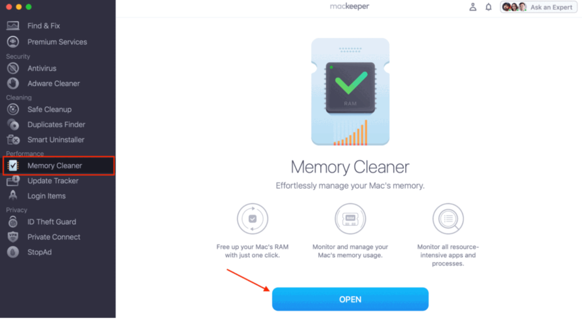The Memory Cleaner tool inside MacKeeper on Mac. Click Open to start it.