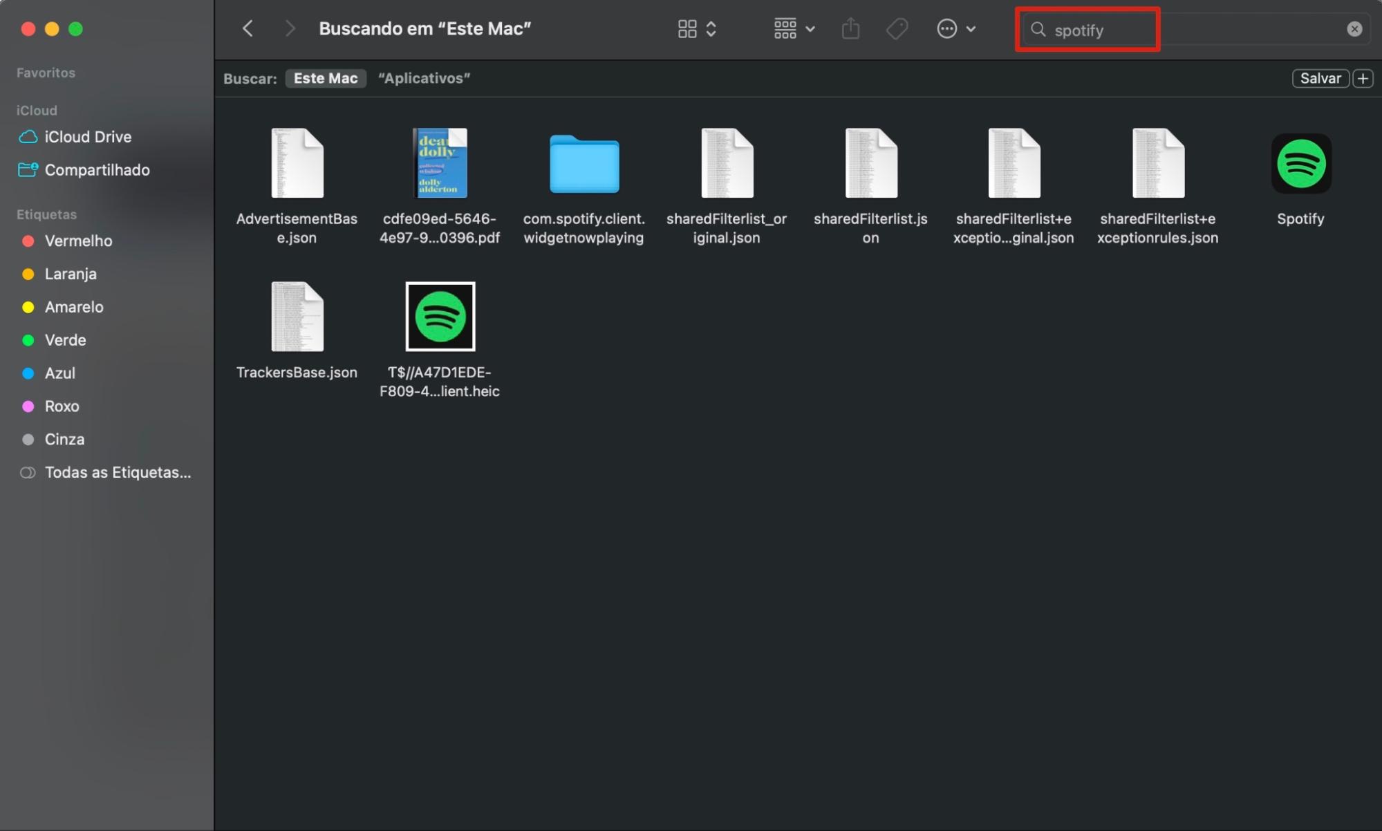 O Finder exibindo uma busca por um processo suspeito. Depois que você souber como verificar a presença de malware no Mac, poderá usar o Finder para encontrar e excluir os arquivos associados.