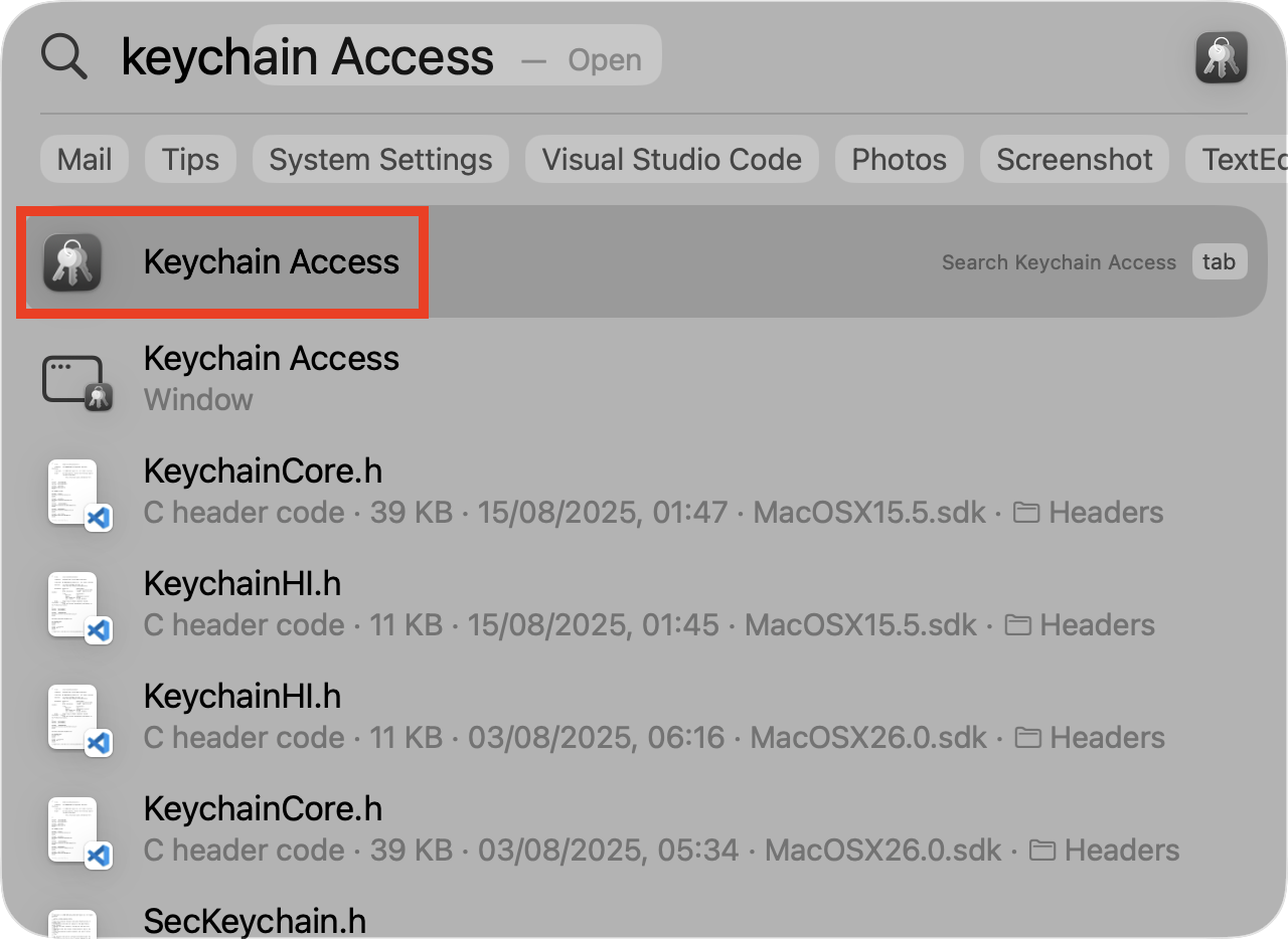 A Spotlight search for Keychain Access on Mac. Use Keychain Access to remove potentially problematic Exchange account details, then try signing in again to fix Exchange password required errors.