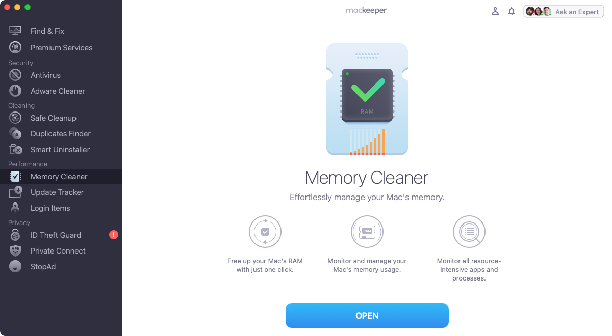 To speed up your downloads, clear your Mac's memory. Launch MacKeeper and select Memory Cleaner from the left, click Open.